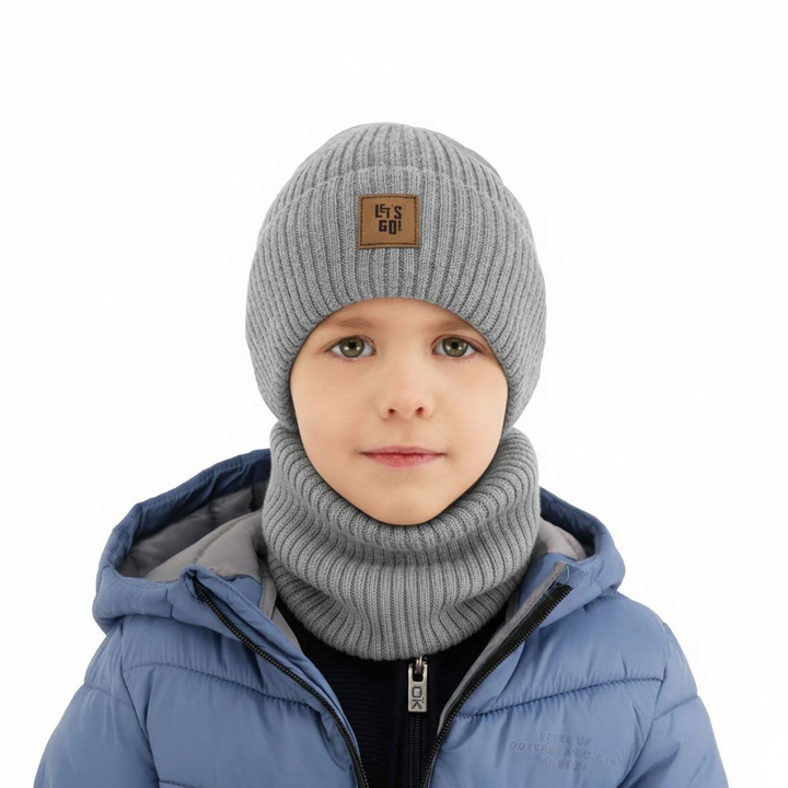 Ensemble automne/printemps garçon: bonnet et snood, gris, avec laine mérinos, Vanto