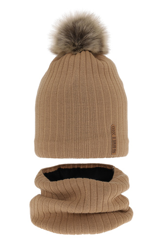 Ensemble d'hiver garçon: bonnet et snood, camel, avec pompon, doublé de coton, Kalen