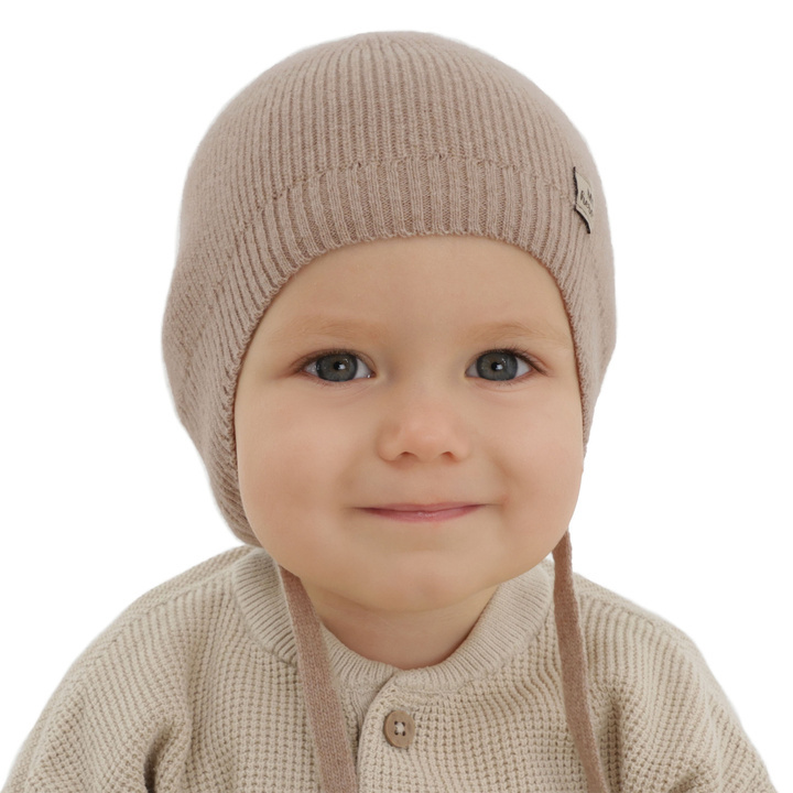 Bonnet automne/printemps garçon, beige foncé, avec laine mérinos et cachemire, avec liens, Tono