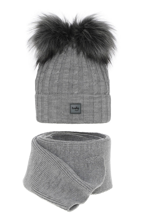 Ensemble d'hiver fille: bonnet et écharpe, gris, avec deux pompons, Zenda