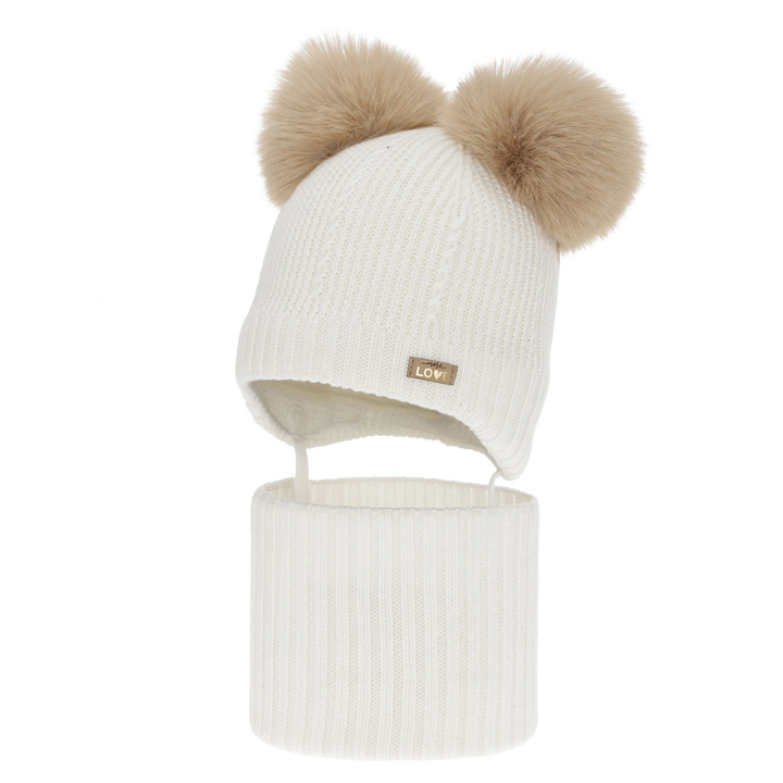 Ensemble bonnet et tour de cou fille, hiver, blanc, 100% laine mérinos, doublé polaire laine, Lumia