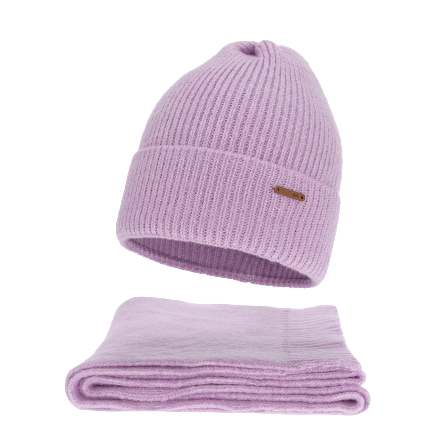 Ensemble d'hiver femme: bonnet et écharpe, violet, avec laine mérinos, Seala