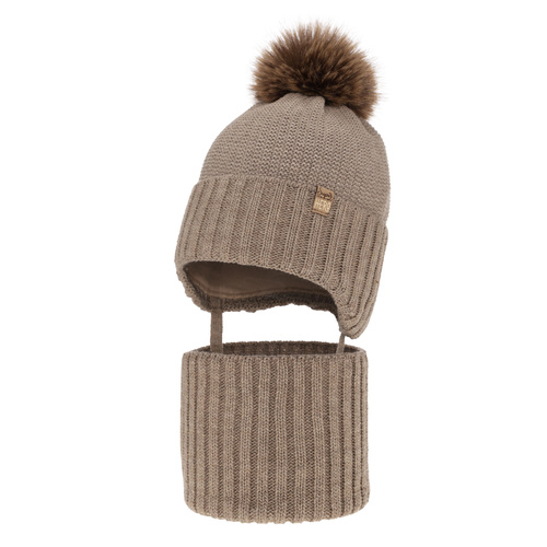 Ensemble d'hiver garçon: bonnet et snood, beige, avec pompon, Kayen
