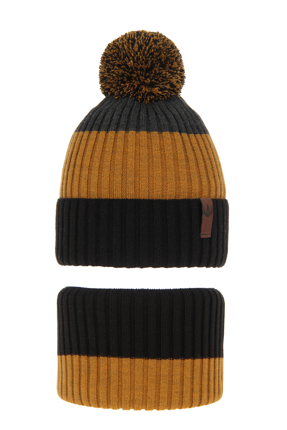 Ensemble d'hiver garçon: bonnet et snood, noir, avec pompon, avec écusson, Karson
