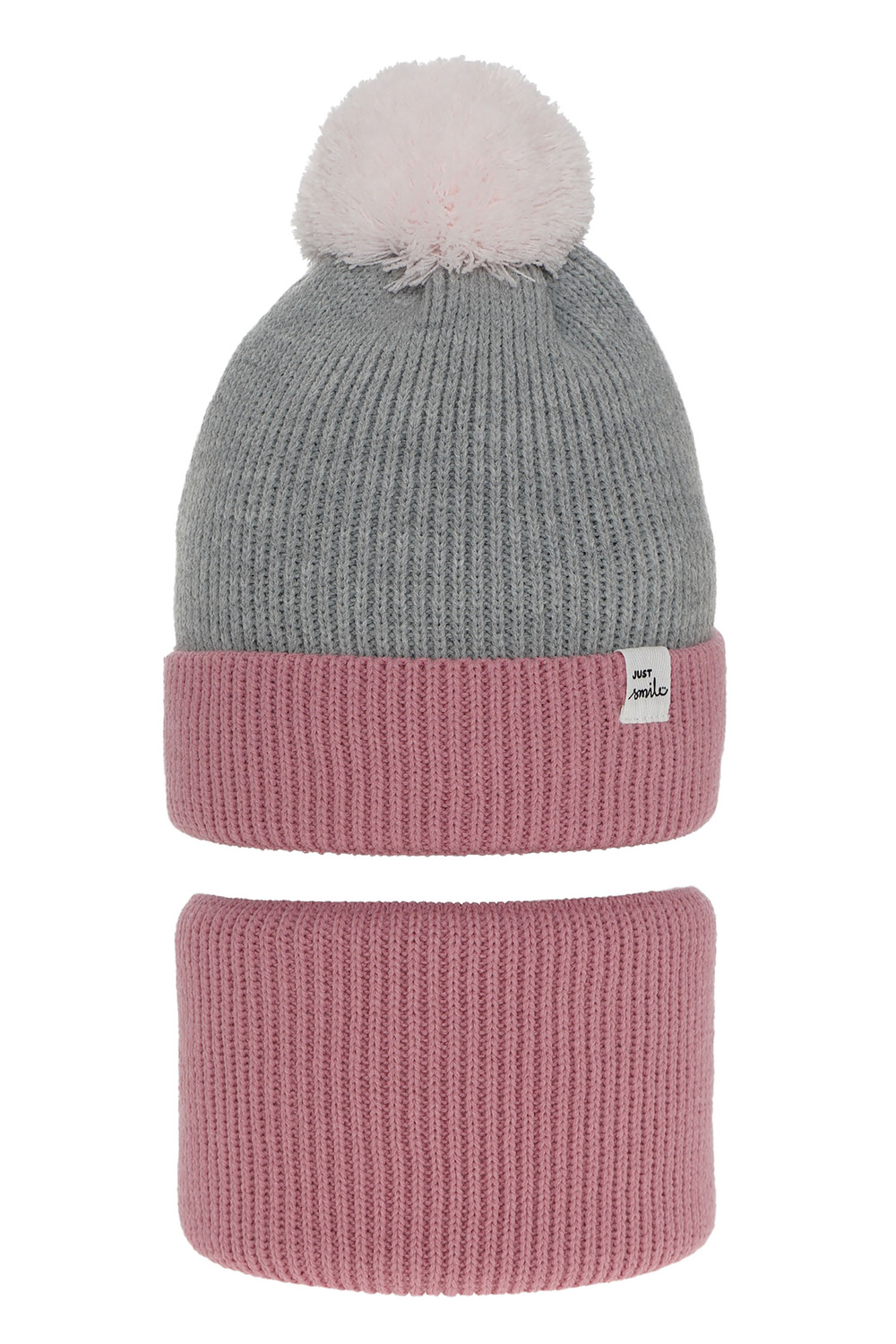 Ensemble d'hiver fille: bonnet et snood, rose, avec pompon, Rosalin