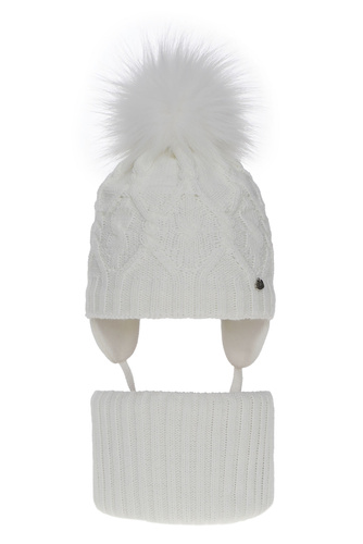 Ensemble d'hiver fille: bonnet et snood, blanc, avec pompon, Elena