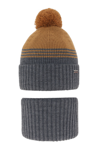 Ensemble d'hiver garçon: bonnet et snood, gris, avec pompon, Pallas