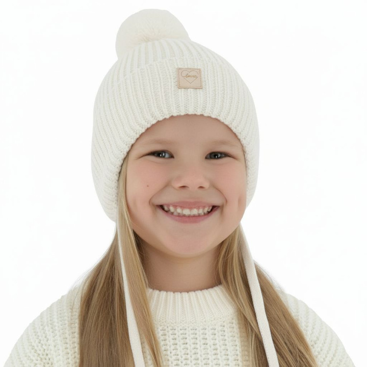 Bonnet d'hiver fille, blanche, avec laine mérinos, doublé de polaire, avec liens, Hakkari
