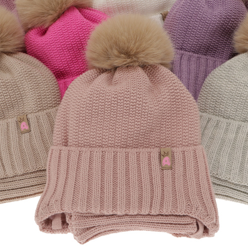 Ensemble d'hiver fille: bonnet et snood, violet, avec pompon, Kaya