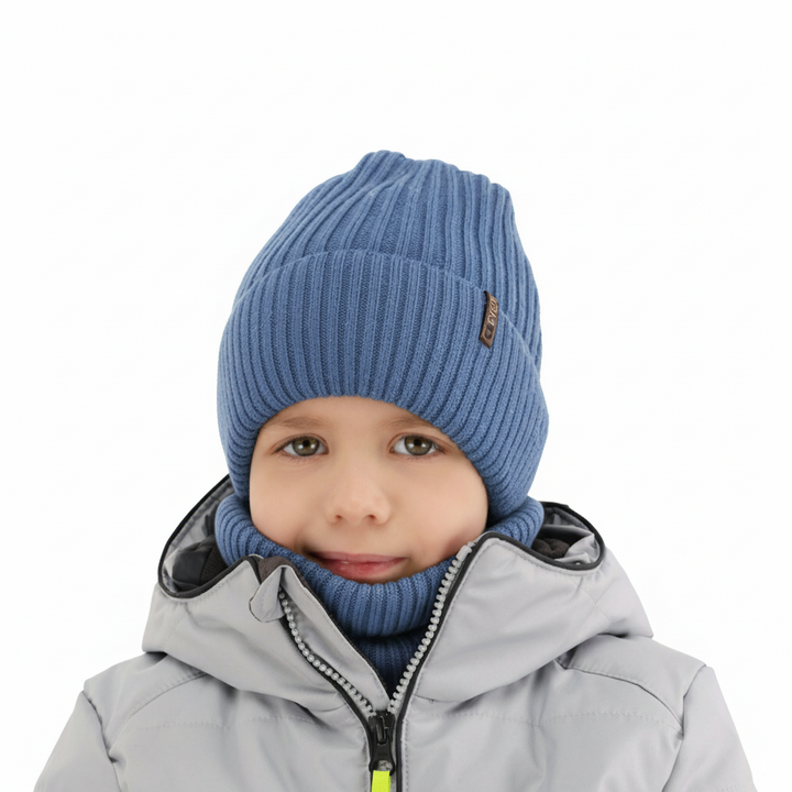 Ensemble d'hiver garçon: bonnet et snood, bleu, avec laine mérinos, Gizmo