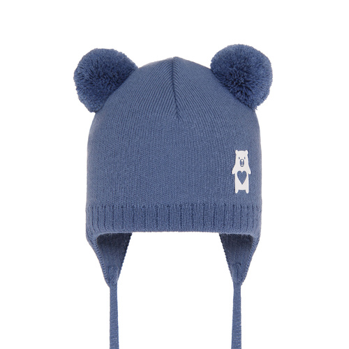 Bonnet automne/printemps garçon, bleu, avec deux pompons, avec liens, Barney