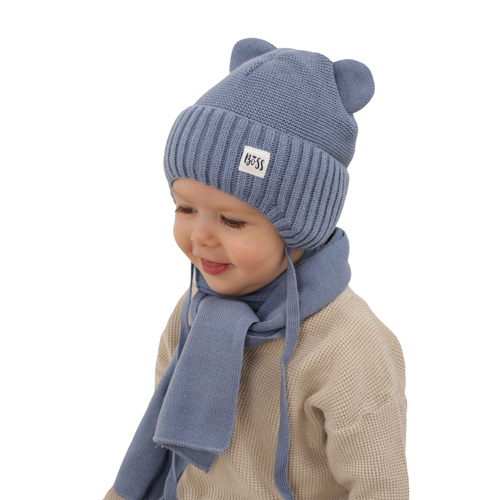 Ensemble d'hiver garçon: bonnet et écharpe, bleu clair, avec liens, Luciano