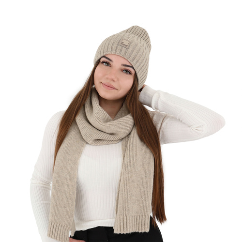 Écharpe d'hiver femme, beige, avec laine mérinos, Loretta