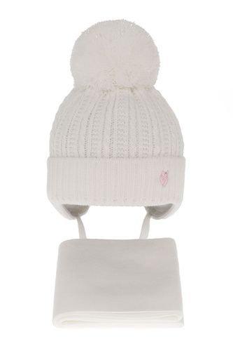 Ensemble d'hiver fille: bonnet et écharpe, blanc, avec pompon, avec liens, Marisa