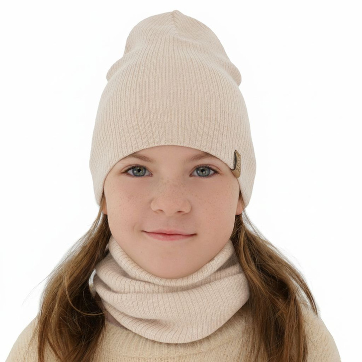 Ensemble automne/printemps fille: bonnet et snood, rose clair, avec laine mérinos, Ricona