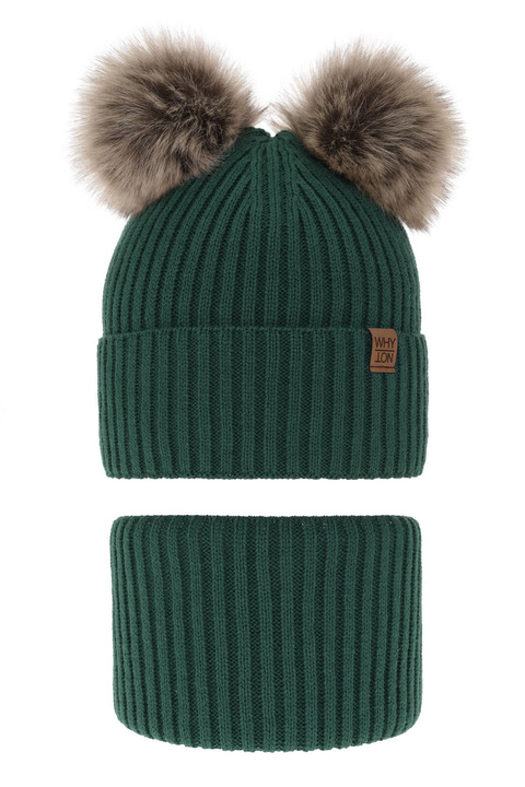 Ensemble d'hiver garçon: bonnet et snood, vert, avec deux pompons, Oxford
