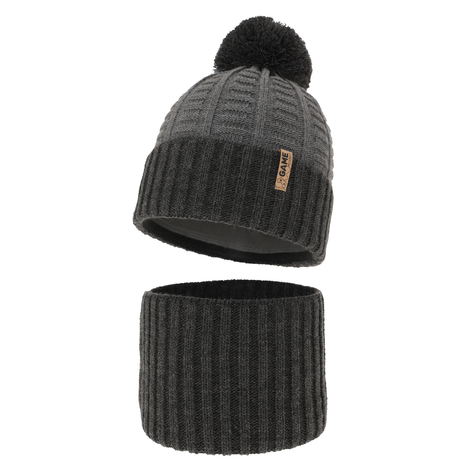 Ensemble d'hiver garçon: bonnet et snood, gris, avec pompon, Leo