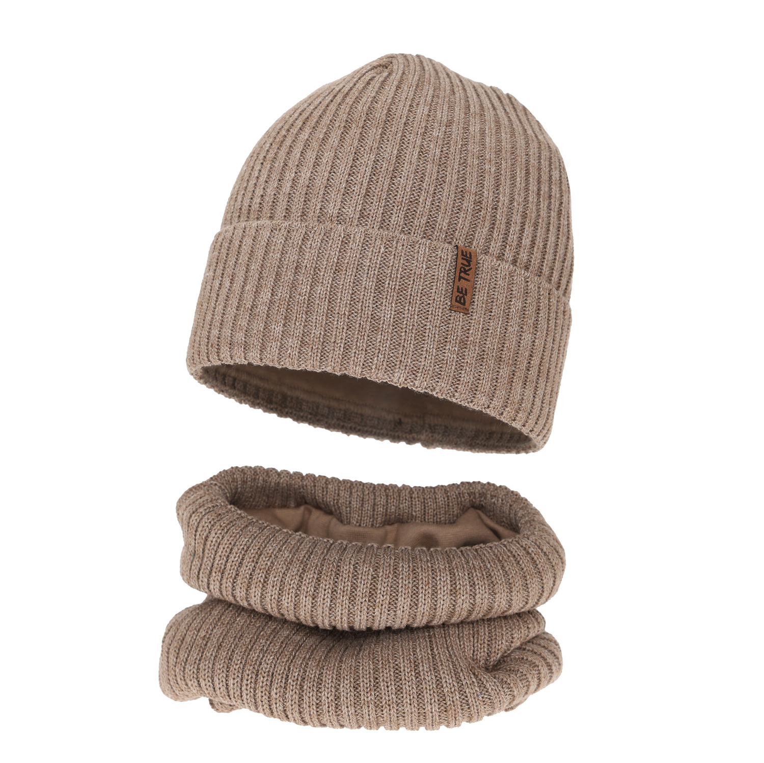 Ensemble d'hiver garçon: bonnet et snood, beige, avec laine mérinos, Colton