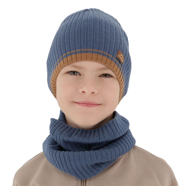 Ensemble automne/printemps garçon: bonnet et snood, avec coton, bleu, Eirik