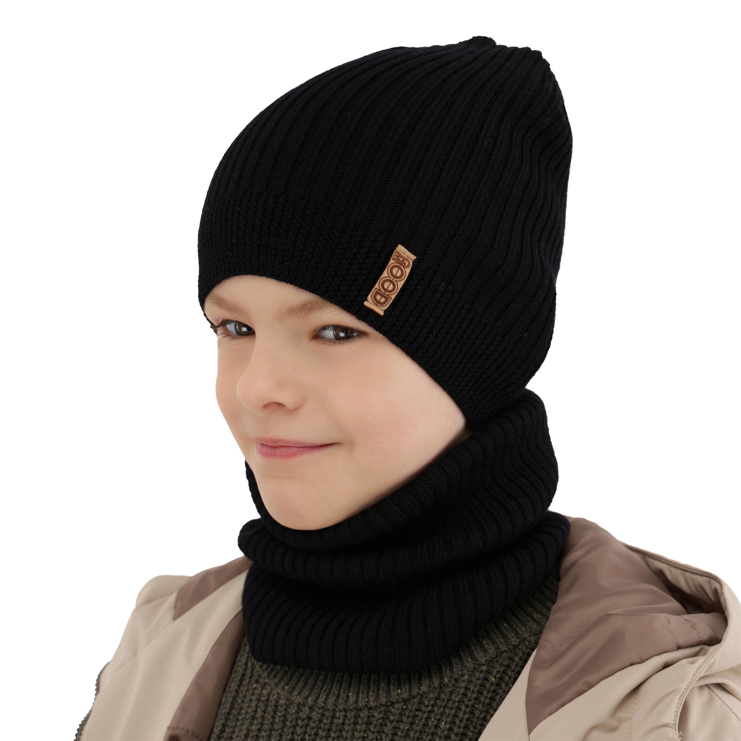 Ensemble automne/printemps garçon: bonnet et snood, camel, avec laine mérinos, Chester