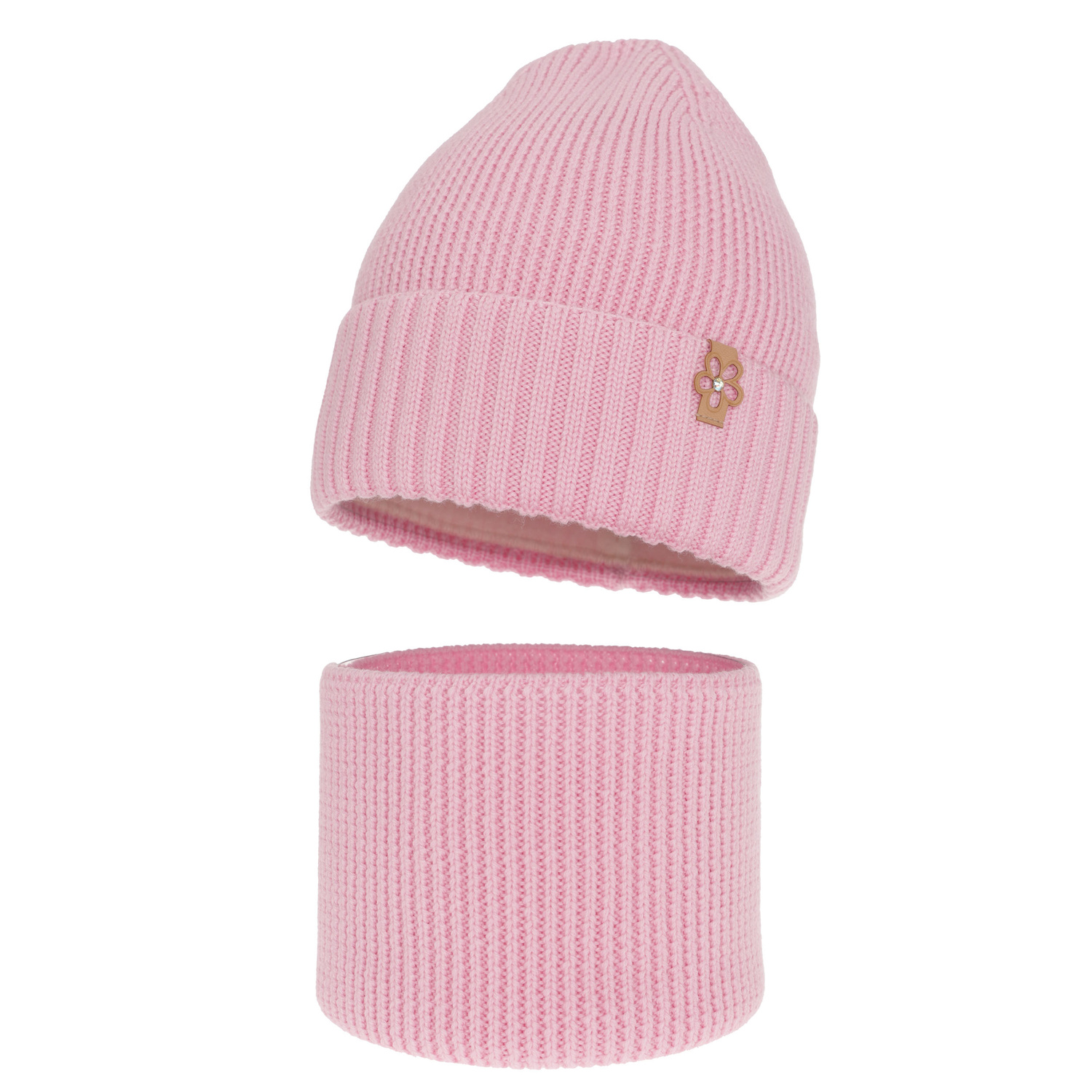 Ensemble d'hiver fille: bonnet et snood, rose, avec laine mérinos, Nelita