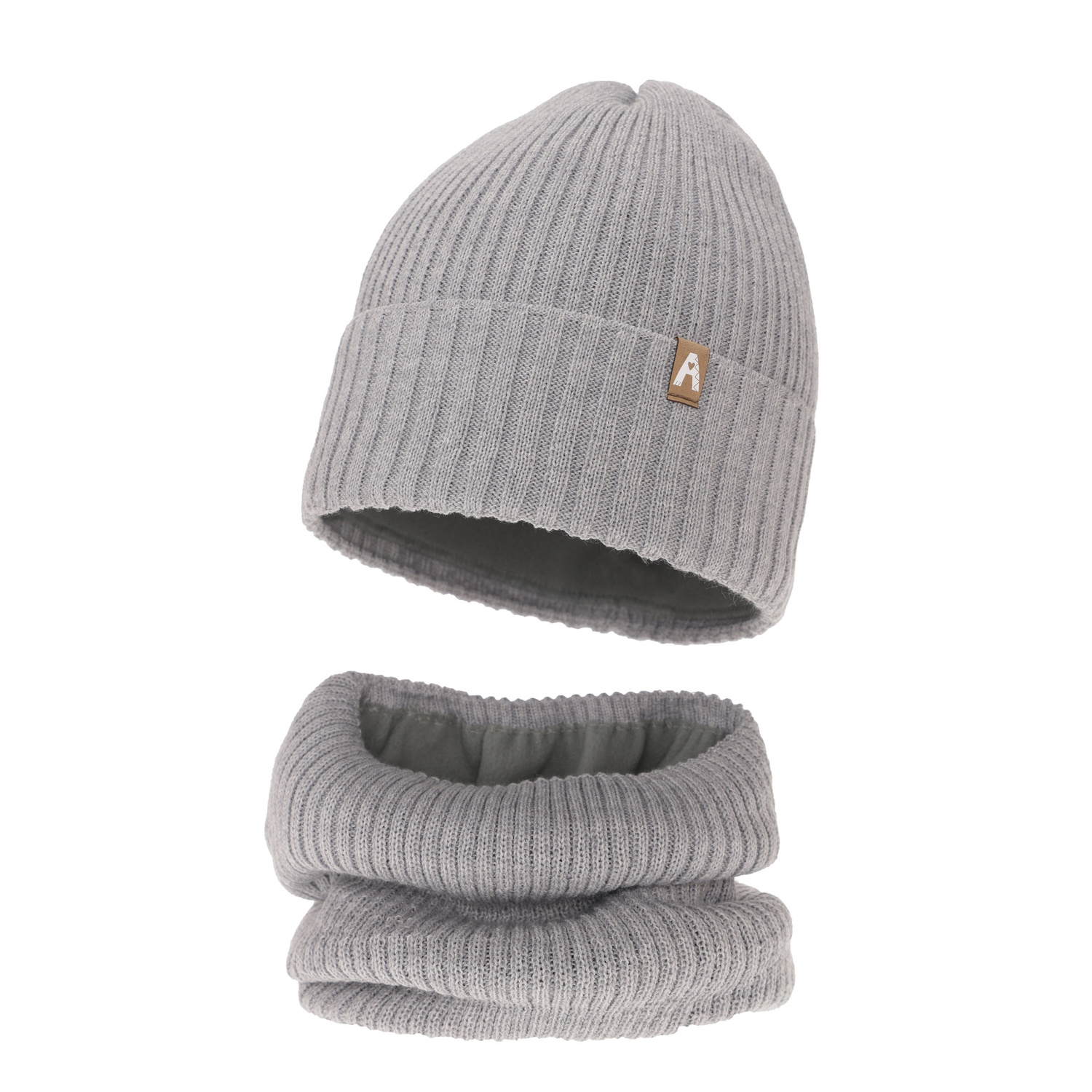 Ensemble d'hiver fille: bonnet et snood, gris, avec laine mérinos, doublé de polaire, Peggy