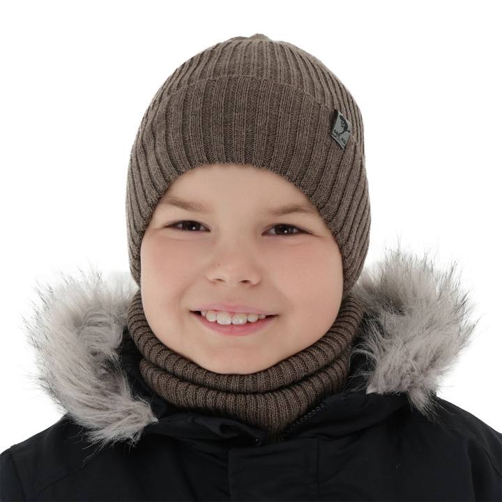 Ensemble d'hiver garçon: bonnet et snood, marron, doublé de polaire, avec laine mérinos, Gecko