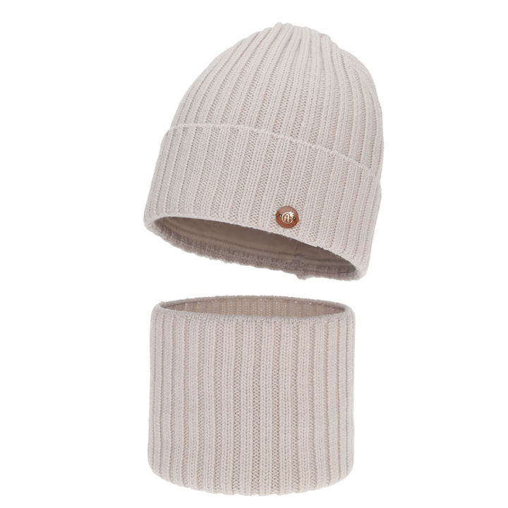 Ensemble d'hiver fille: bonnet et snood, jasnobeżowy, 100% Laine Mérinos, doublé de coton, Vanira