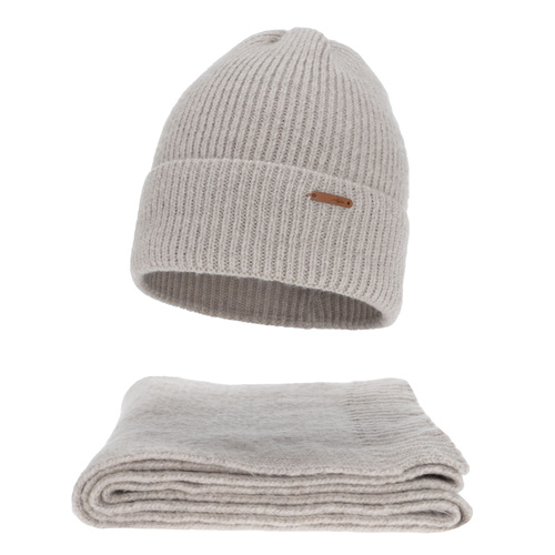 Ensemble d'hiver femme: bonnet et écharpe, beige, avec laine mérinos, Seala