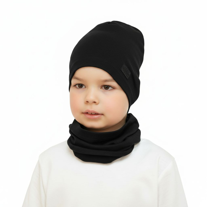 Ensemble automne/printemps garçon: bonnet et snood, noir, en coton, Frizi
