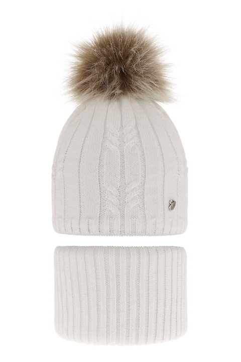 Ensemble d'hiver fille: bonnet et snood, blanc, avec pompon, Amaltea