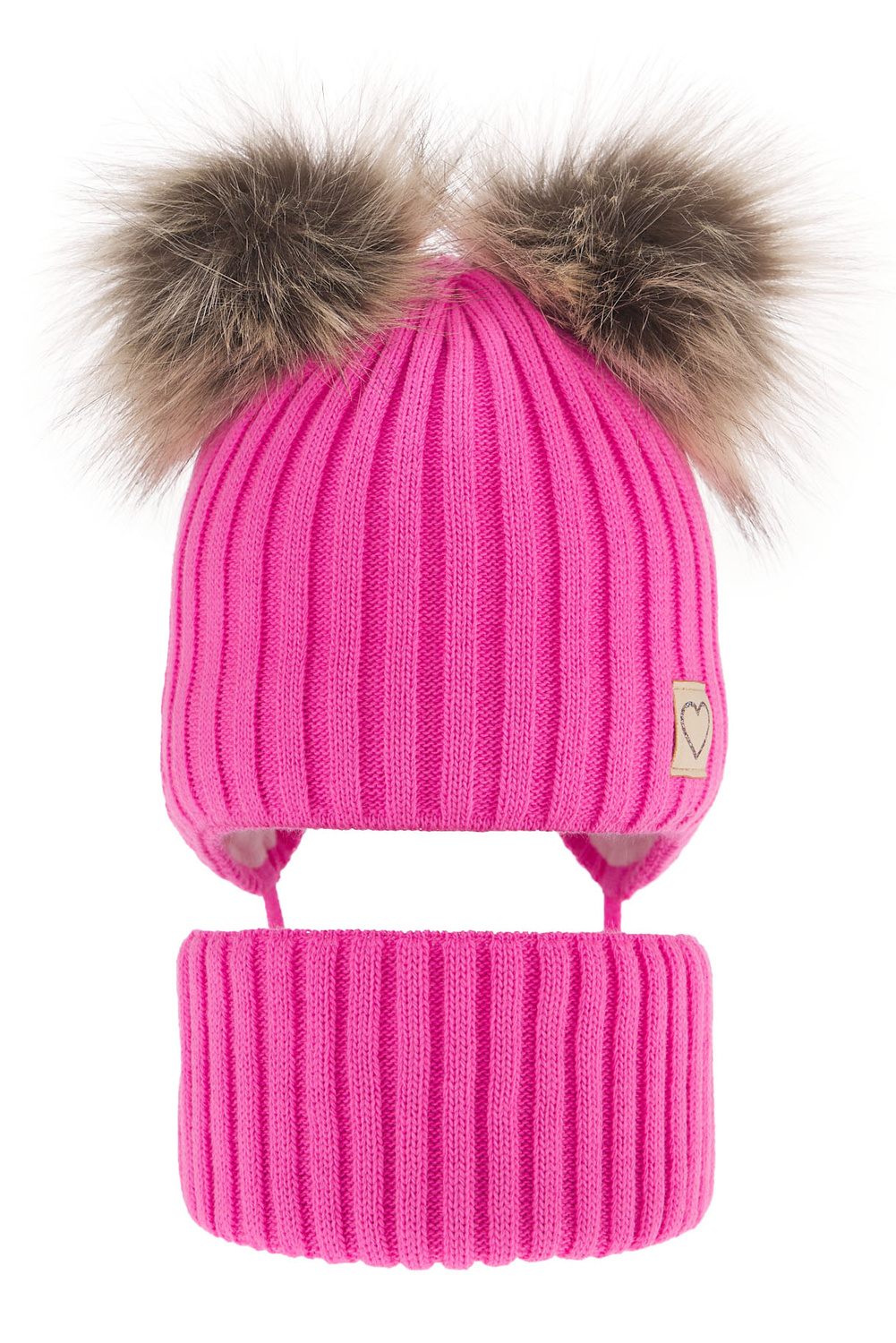 Ensemble d'hiver fille: bonnet et snood, rose, avec deux pompons, avec liens, Telisa