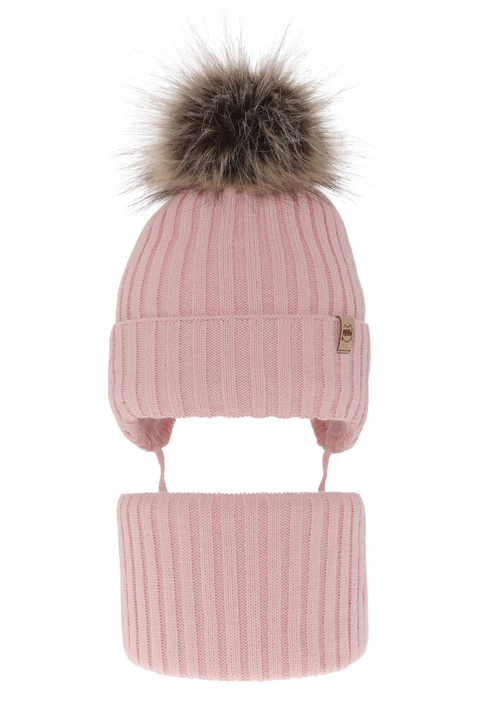 Ensemble d'hiver fille: bonnet et snood, rose, avec pompon, avec liens, Louisa