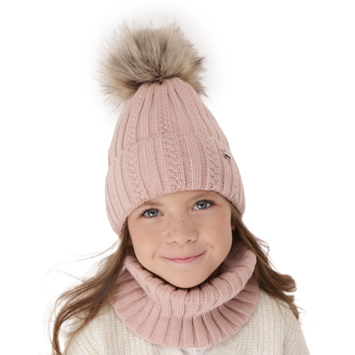 Ensemble d'hiver fille: bonnet et snood, rose, avec pompon, Wirginia