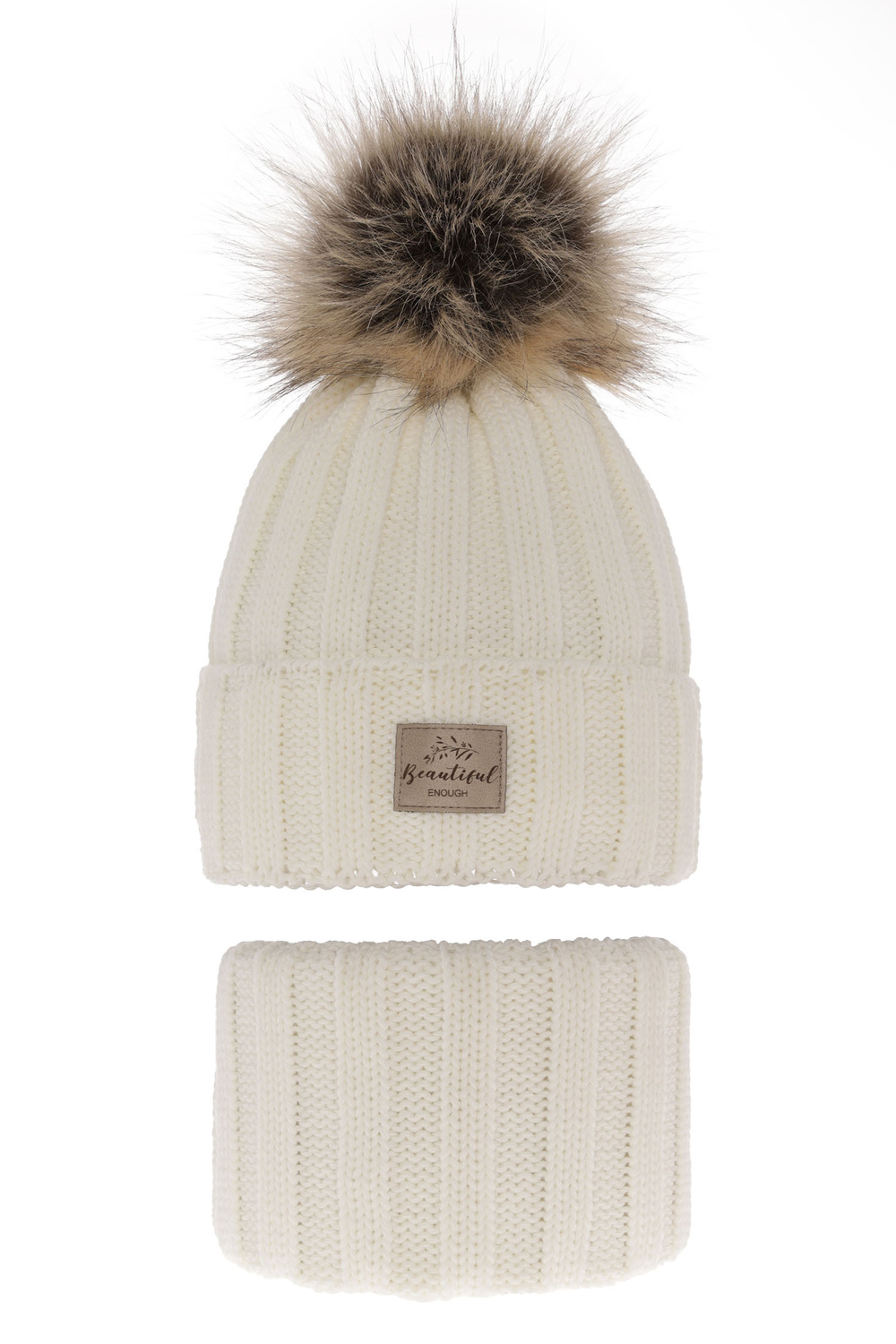 Ensemble d'hiver fille: bonnet et snood, crème, avec pompon, Kaliope