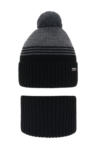 Ensemble d'hiver garçon: bonnet et snood, noir, avec pompon, Pallas