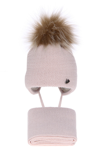 Ensemble d'hiver fille: bonnet et écharpe, rose, avec pompon, Aimi