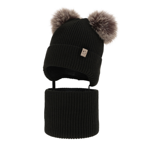Ensemble d'hiver fille: bonnet et snood, noir, avec deux pompons, avec liens, Zori