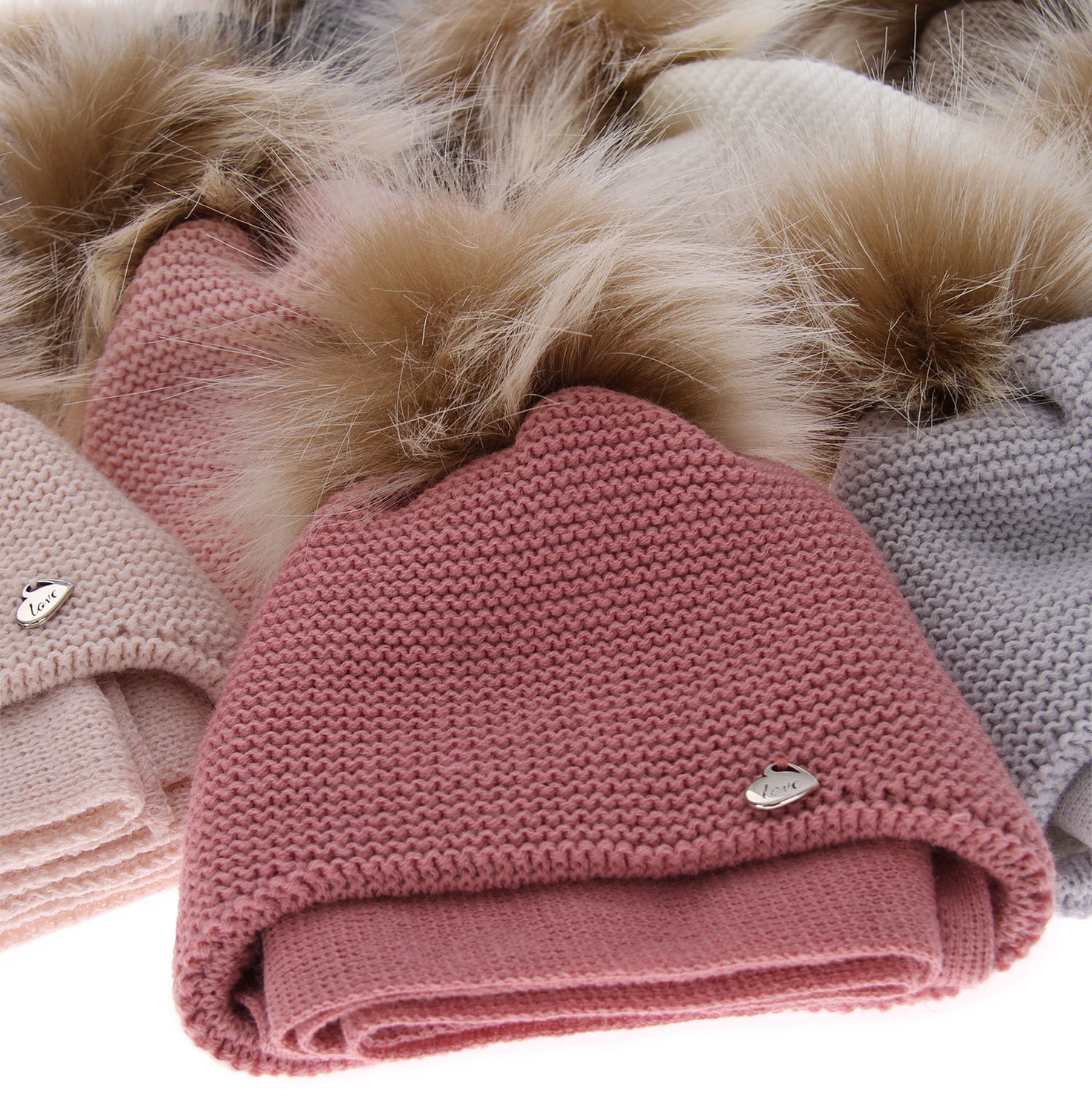 Ensemble d'hiver fille: bonnet et écharpe, rose, avec pompon, Aimi