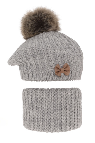 Ensemble d'hiver fille: béret et snood, gris, avec pompon, Polinezja