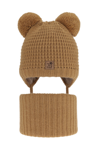 Ensemble d'hiver garçon: bonnet et snood, camel, avec deux pompons, avec liens, Krispi