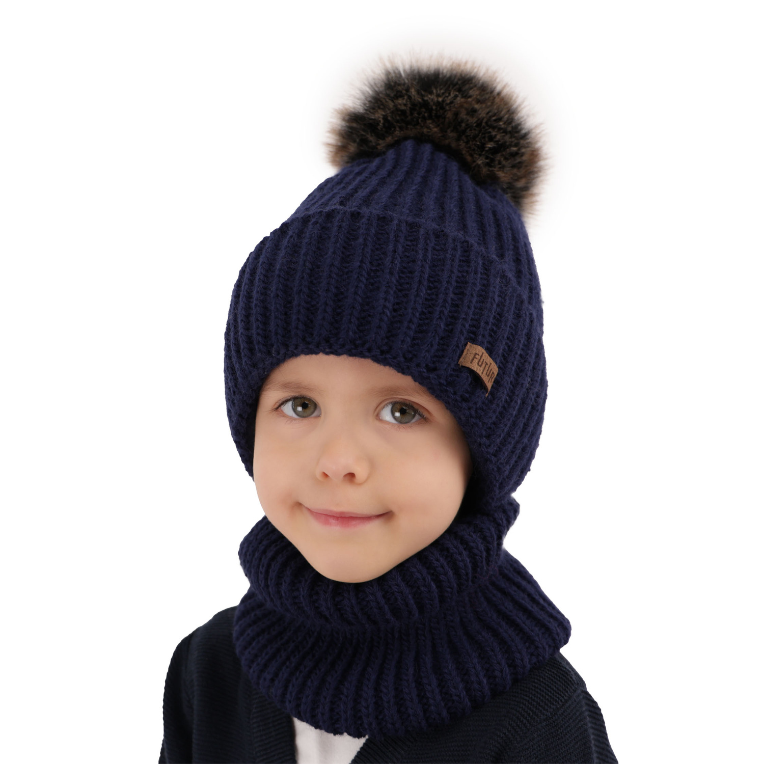 Ensemble d'hiver garçon: bonnet et snood, gris foncé, avec pompon, Wonder