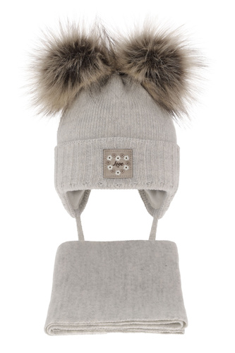 Ensemble d'hiver fille: bonnet et écharpe, gris, avec deux pompons, Jazz
