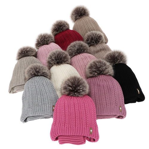 Ensemble d'hiver fille: bonnet et snood, beige, avec laine mérinos, avec pompon, avec liens, Muanda