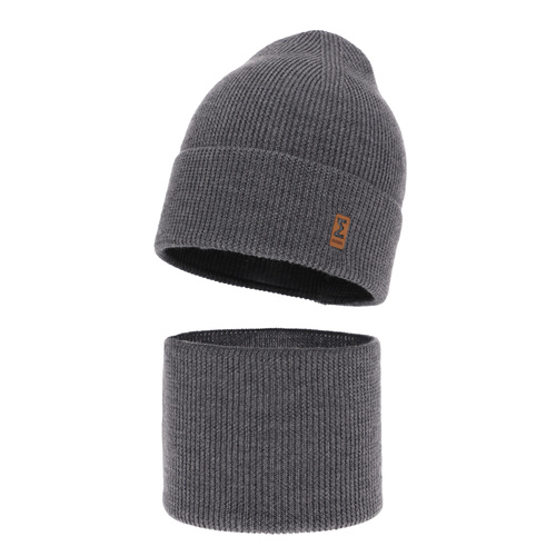 Ensemble automne/printemps garçon: bonnet et snood, gris foncé, avec laine mérinos, Bruce