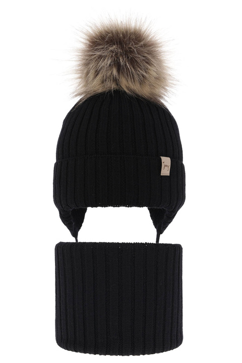 Ensemble d'hiver fille: bonnet et snood, noir, avec liens, avec laine mérinos, Junika