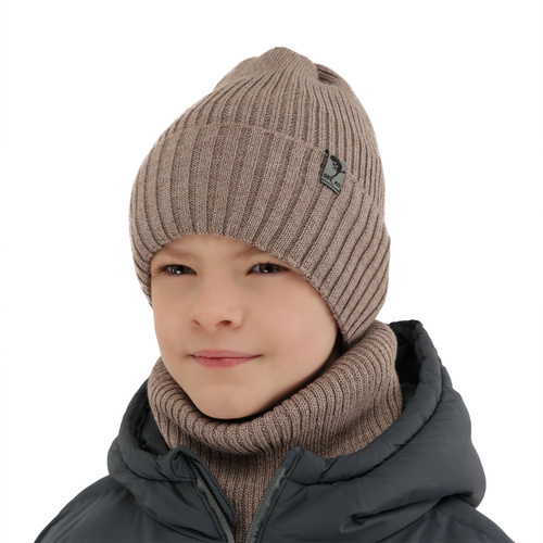 Ensemble d'hiver garçon: bonnet et snood, camel, avec laine mérinos, doublé de polaire, Gecko