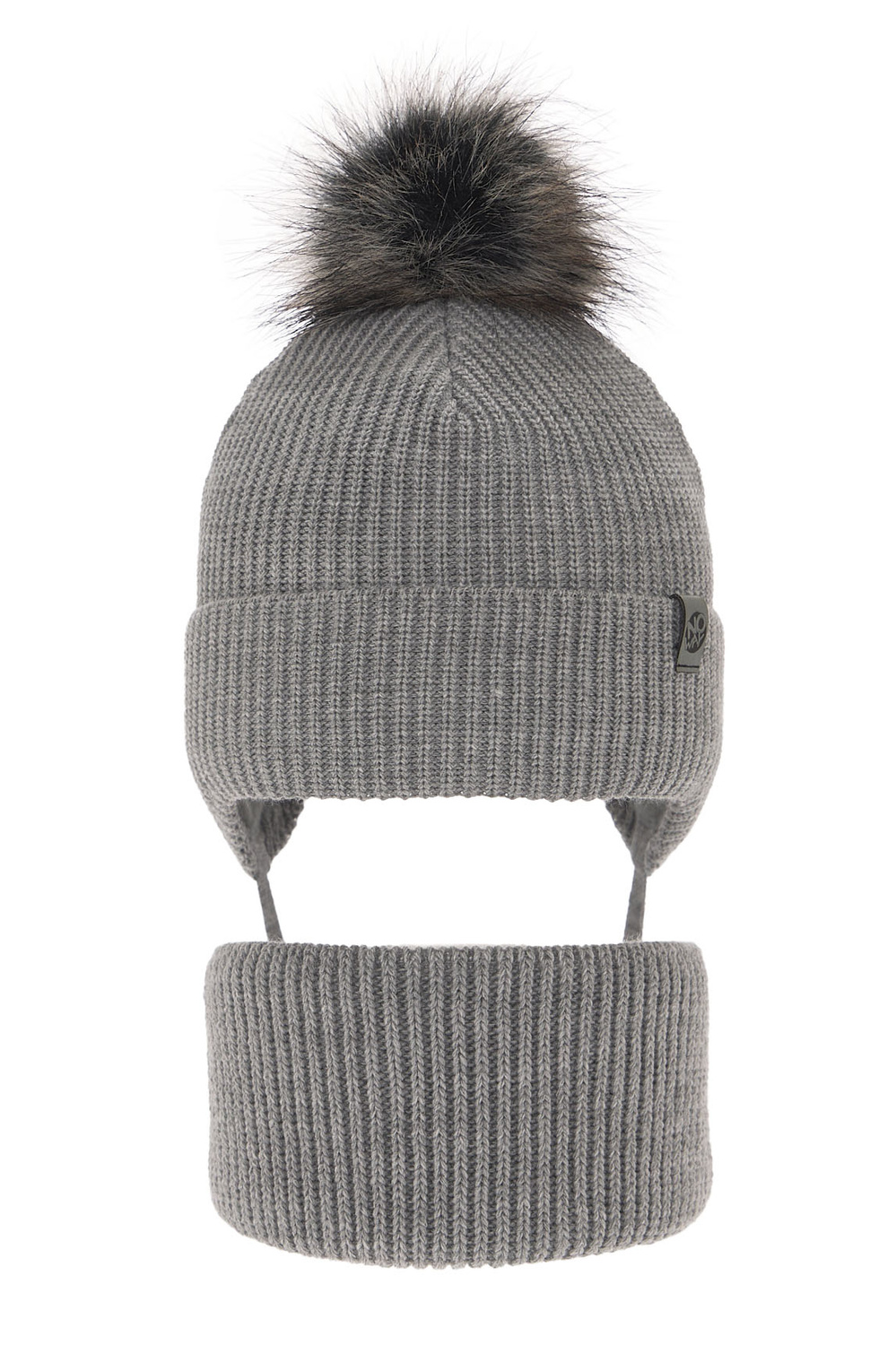 Ensemble d'hiver garçon: bonnet et snood, gris, avec pompon, avec liens, Honed
