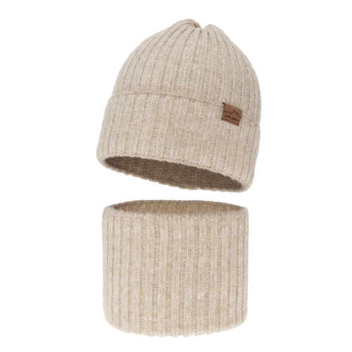 Ensemble d'hiver garçon: bonnet et snood, beige, avec laine mérinos, Karmin
