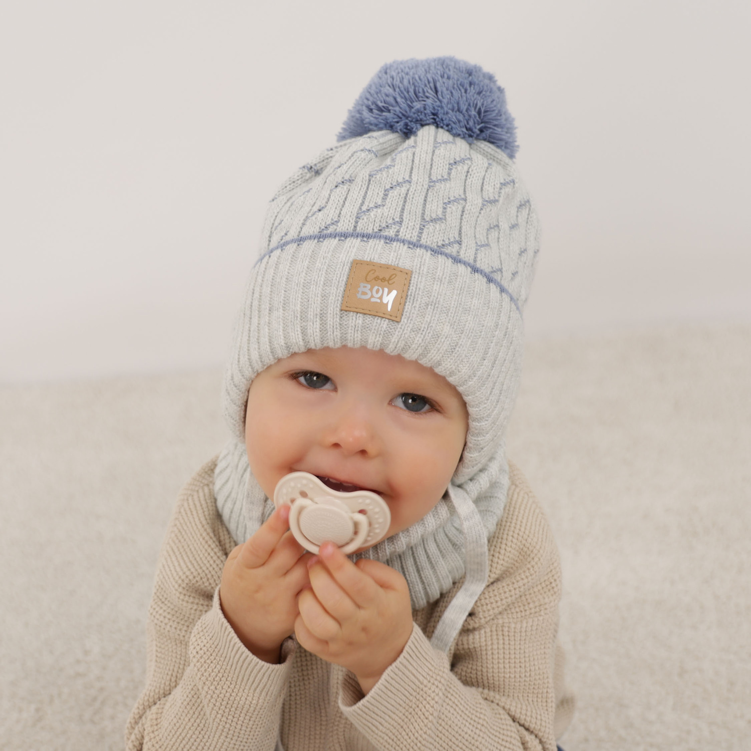 Ensemble d'hiver garçon: bonnet et snood, bleu, avec pompon, avec liens, Pikolo